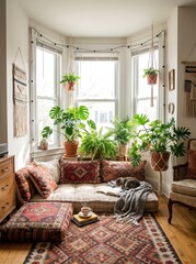 Bohemian style window seat reading nook filled with plants © Tania