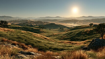 Rolling green and golden grass hills with scattered small trees leading to distant sandy desert mountains under bright sun and clear pale blue sky in warm day