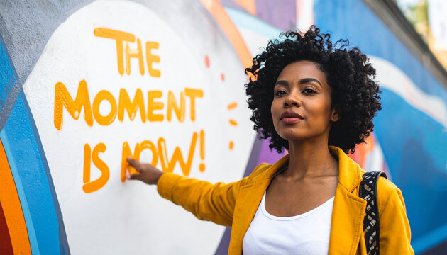 Eine Frau zeigt auf eine Wand mit der Aufschrift "The moment is now!"