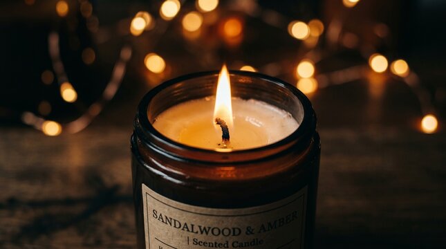 Burning candle in glass jar with soft bokeh lights background