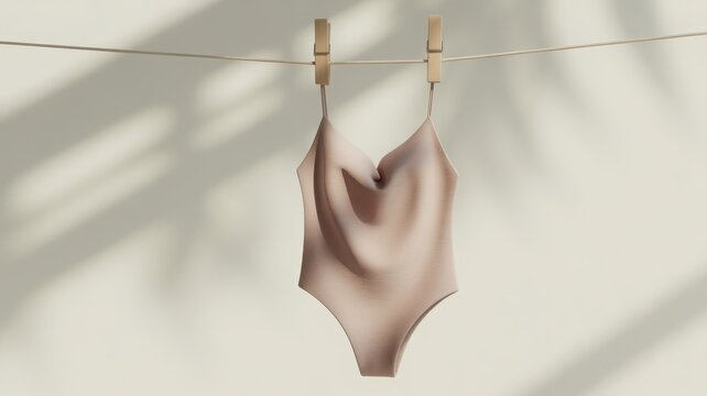 Minimalist beige one-piece swimsuit hanging on a clothesline with palm leaf shadows