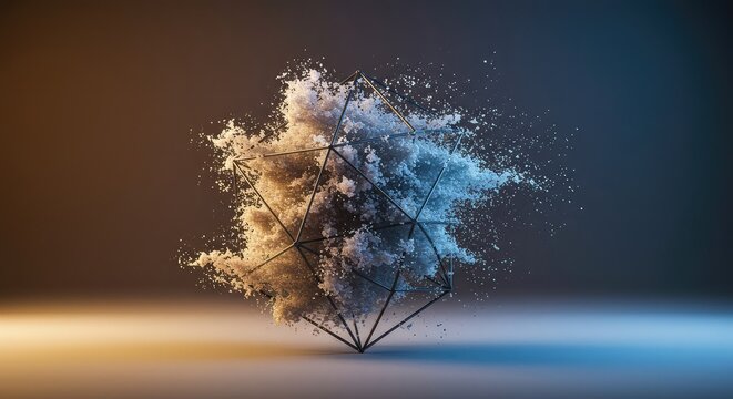 Abstract geometric form slowly dissolving into a cloud of glowing particles, symbolizing the fleeting nature of all existence and time ,decay ,evolution ,mist
