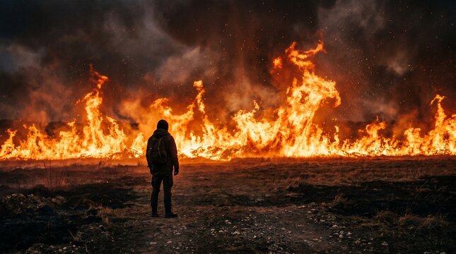Person Standing Before Massive Flames - Dramatic Landscape