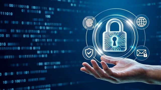 The human hand holding a glowing padlock hologram with biometric icons and data network for cybersecurity and data protection