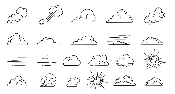 Set of weather cloud icons featuring various cloud types and atmospheric phenomena in clean line art style for meteorological and app design