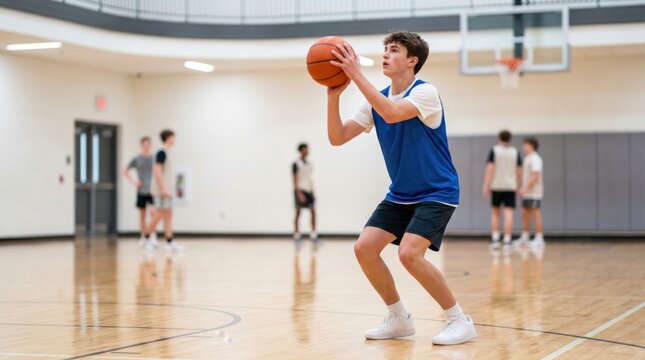Basketball player shooting a ball toward the hoop in a gymnasium. Teen boy training during a match on an indoor court. Concept of active lifestyle, athletic youth, and sports competition.
