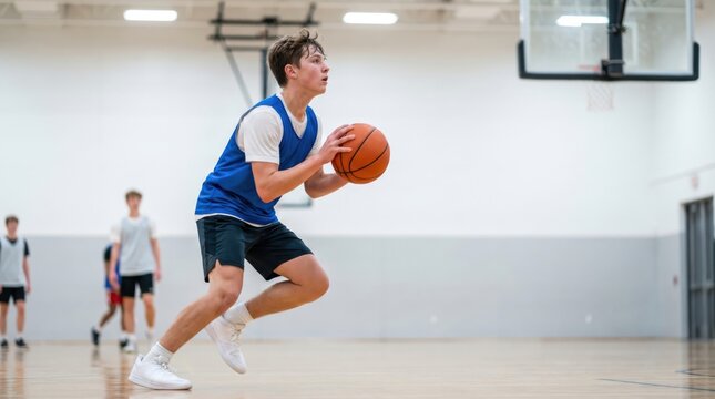 Teen boy athlete playing basketball on indoor court. Young player holding ball ready for shot. Sport activity, training session and team competition game. Healthy lifestyle concept.