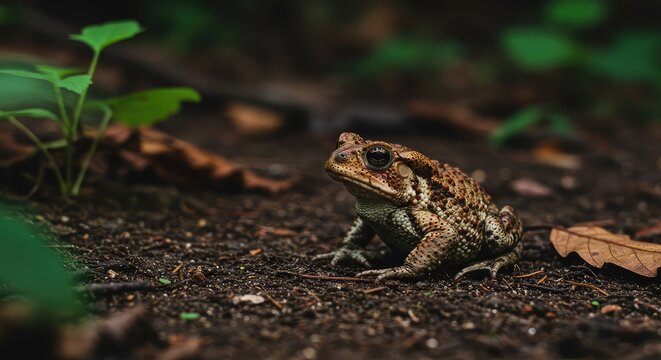 A warty brown toad amphibian sits motionless on the forest floor, displaying its cryptic camouflage against the damp earth and surrounding leaves ,creature ,wild ,detailed
