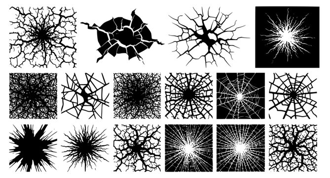 Glass crack textures and shattered surface effects vector collection for realistic broken screen or destruction design