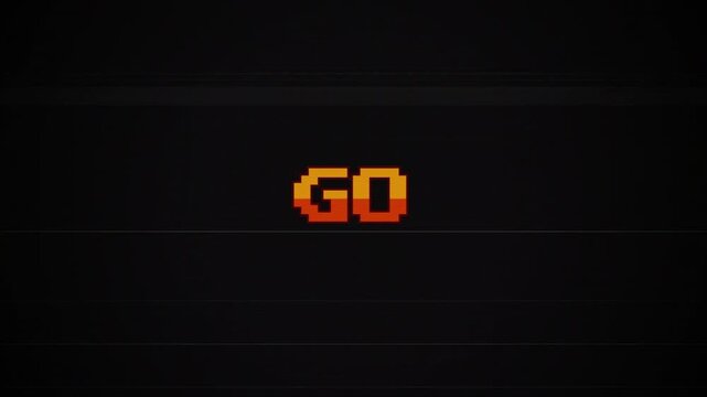 Retro Pixel Art GO Text Animation on Glitchy VHS Background, 8-Bit Arcade Start Screen, Vintage CRT Monitor Interference, Gaming Intro, Nostalgic Console Interface 4k video
