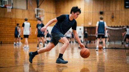 Fototapeta premium Teen boy playing basketball on indoor court. Young athlete dribbling ball during practice match. Hobby and sport training activity for healthy lifestyle and physical competition.