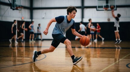 Fototapeta premium Teenage boy dribbling basketball in indoor sports arena. High school basketball player running with ball during training session. Athletic exercise for competition and team sport development.