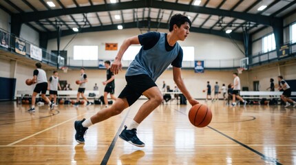 Fototapeta premium Young man playing basketball on indoor court. Athlete dribbling ball during practice session. Competitive sport training and active lifestyle. Team game match in school sport hall.