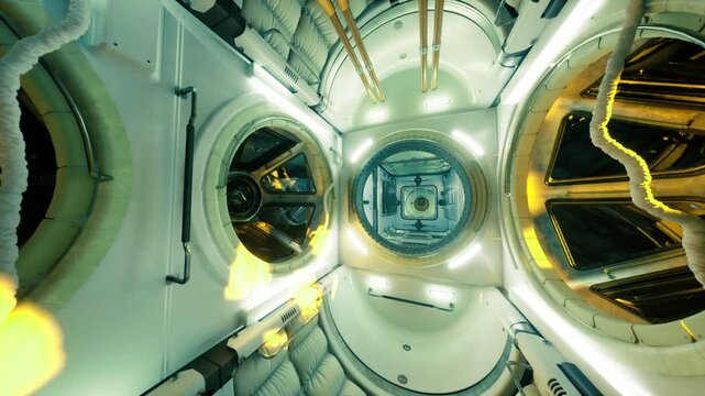 Wide space station docking node illuminated, paired hatches and recessed LEDs, access rails and tool mounts, quiet sterile atmosphere ready for inspection,