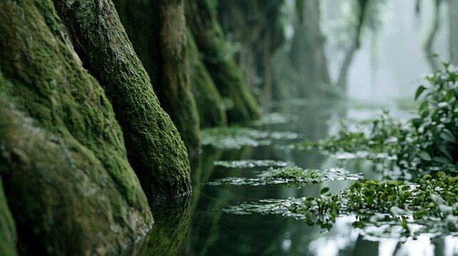 Large mossy tree arching over quiet river in foggy forest landscape, peaceful woodland scene with reflection and copy space