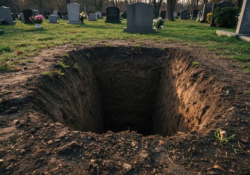 Deep, freshly dug excavation pit in soft earth within a quiet burial ground, symbolizing loss, transition, or preparation for interment ,dug ,burial ,deep