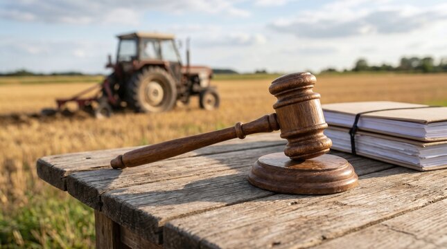 Land dispute, farming contract, and agribusiness justice concept with a judge's hammer in a countryside farm setting.