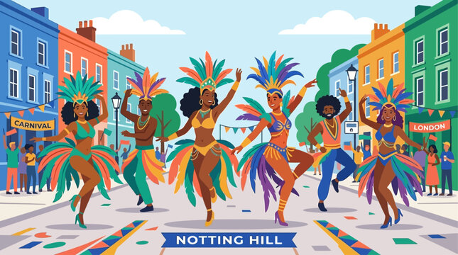 A vibrant flat design illustration capturing the energy of diverse dancers in elaborate costumes at the Notting Hill Carnival, set against a minimalist London street.
