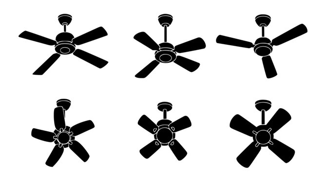 Ceiling fan silhouette icon set in black and white vector format for interior design and home appliance graphic projects