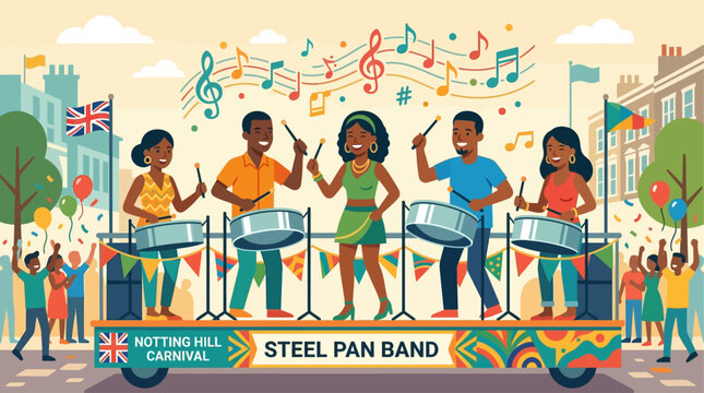 A cheerful flat design illustration showcasing a steel pan band bringing rhythmic music to the Notting Hill Carnival, highlighting the joy of Caribbean culture.
