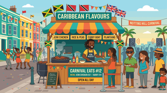 A delicious flat design illustration of a vibrant food stall at the Notting Hill Carnival, serving iconic Caribbean dishes like jerk chicken to happy attendees.