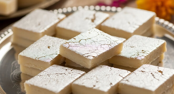 Kaju katli squares decorated with edible silver leaf are arranged neatly on a polished metal plate.
