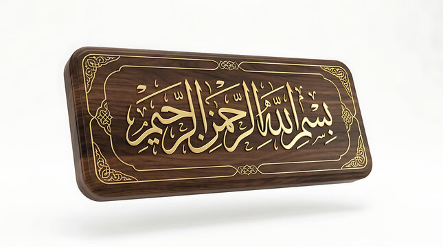 Elegant 3d wooden plaque featuring gold arabic bismillah calligraphy isolated on a clean white background for religious decor design
