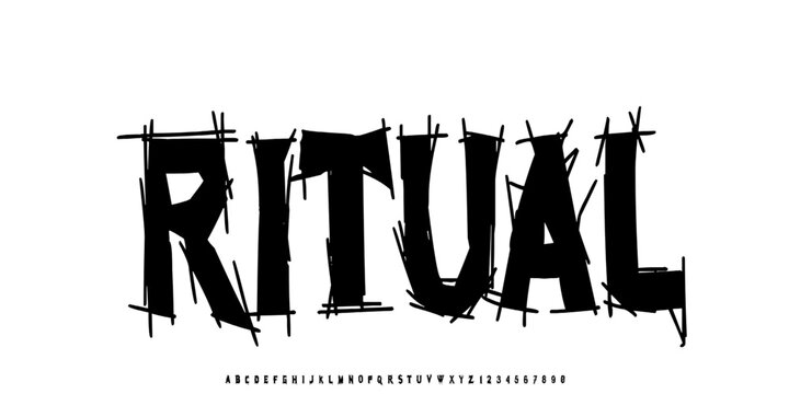 Y2k Savage Dark Lettering tattoo vector type font. Gothic Punk style type font with Rock and Dark Rock signs and symbols. Dark style font 00s concept. Rock n Roll style lettering