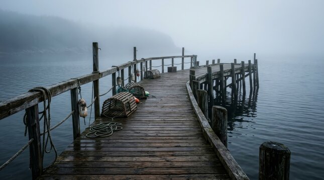 Wooden dock on a foggy lake.
