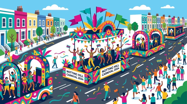 A vibrant flat design illustration showcasing elaborate carnival floats as they make their way through the streets of London during the Notting Hill Carnival parade.