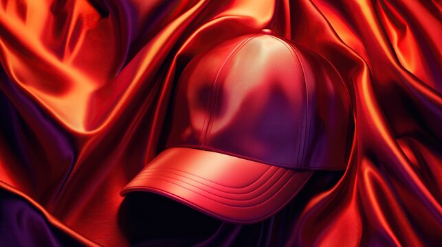 Shiny deep red baseball cap resting on flowing red and purple silk fabric, luxurious textured headwear accessory with dramatic warm glowing lighting.