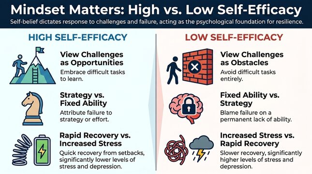 High vs Low Self-Efficacy Psychology Infographic &ndash; Growth Mindset and Mental Resilience Concept