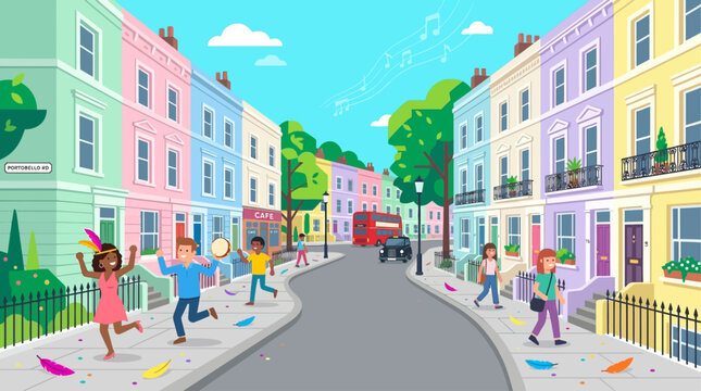 A charming flat design illustration depicting a classic Notting Hill street scene, subtly imbued with the festive atmosphere and vibrant details of the carnival.