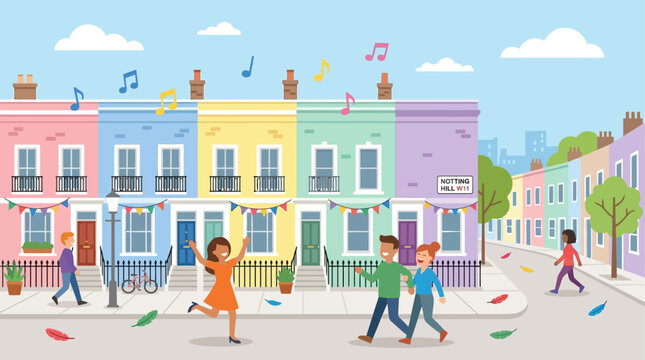 A charming flat design illustration depicting a classic Notting Hill street scene, subtly imbued with the festive atmosphere and vibrant details of the carnival.