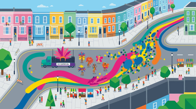 An abstract flat design illustration providing an overhead view of the Notting Hill Carnival, depicting the dynamic flow of the crowd and parade through the streets.