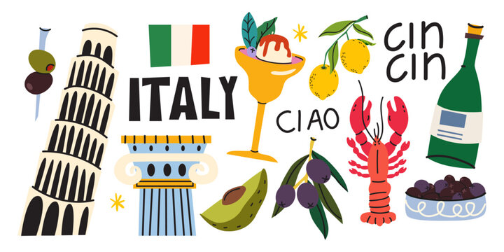 Italy travel and culture vector elements set with landmarks food and symbols. Travel stickers set in doodle cartoon style