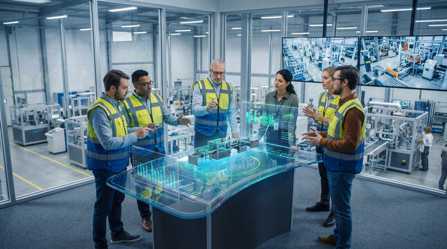 Multicultural team of experts discussing holographic production line on interactive glass table. Collaborative engineering and smart manufacturing planning in high-tech facility.