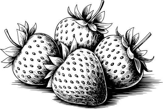 Vintage engraving style strawberries white background, strawberry fruit food