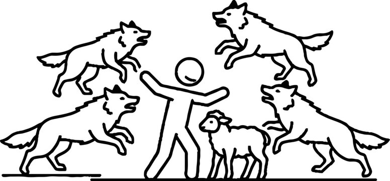 Person protecting a sheep from a pack of attacking wolves