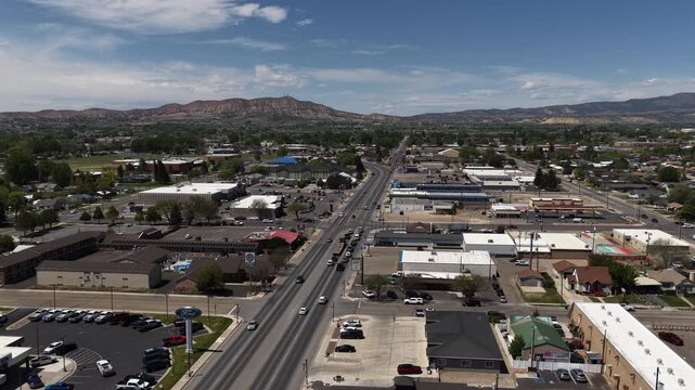 Aerial over US Highway 191 through Vernal Utah in spring over main street