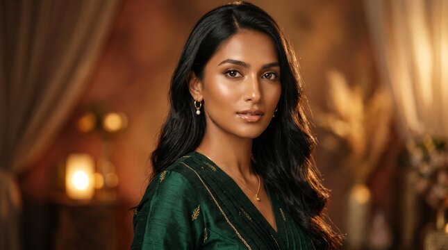 A breathtaking Indian female model with radiant golden-brown skin stands gracefully in a luxurious cinematic portrait setup inspired by premium beauty campaigns. She has expressive deep eyes, long sil