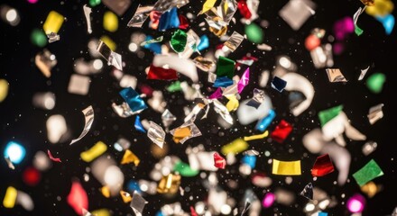 Obraz premium Colorful confetti pieces falling against a dark background, creating a festive and celebratory atmosphere.