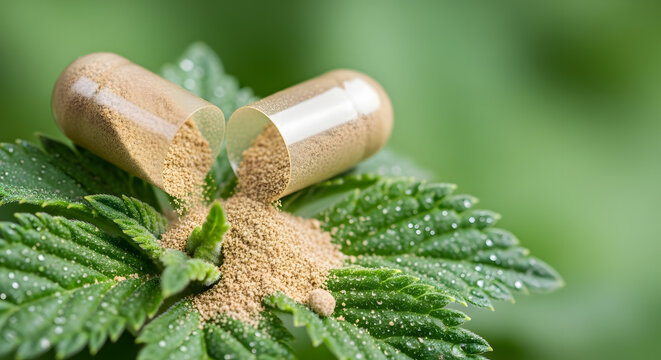 Hemp supplement capsules on leaf.