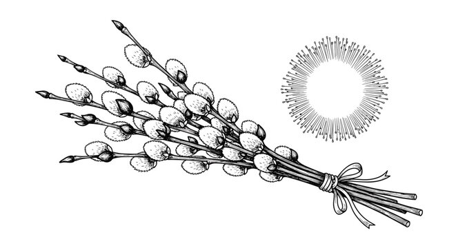 Detailed hand drawn sketch of pussy willow branches tied with a ribbon bow symbolizing spring and traditional easter celebrations.