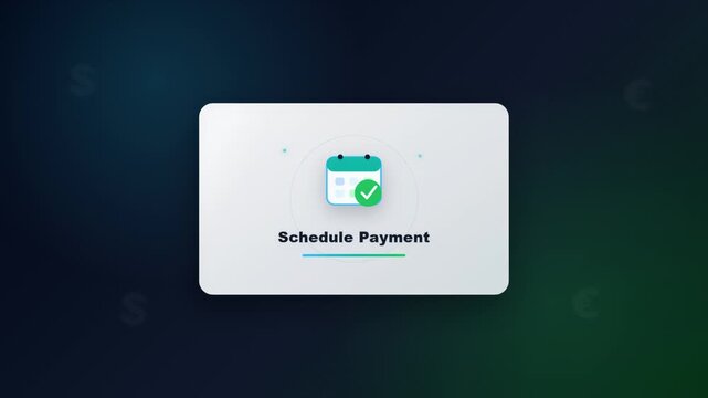 Schedule payment confirmed notification card with calendar checkmark icon on clean modern financial app interface for automated recurring billing and digital payment planning management