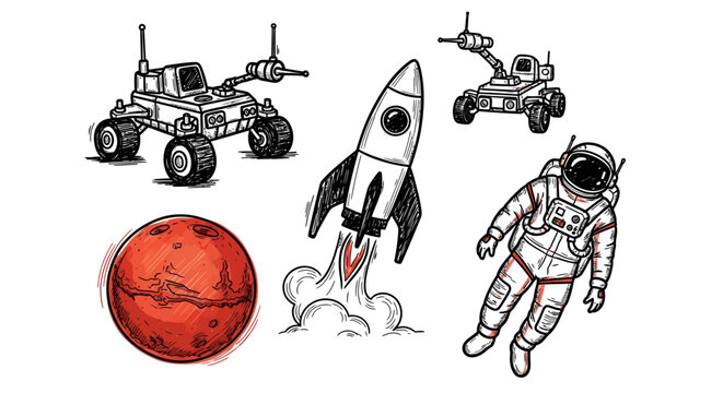 Astronaut explores Space with Rocket and Rovers on Planetary Surface