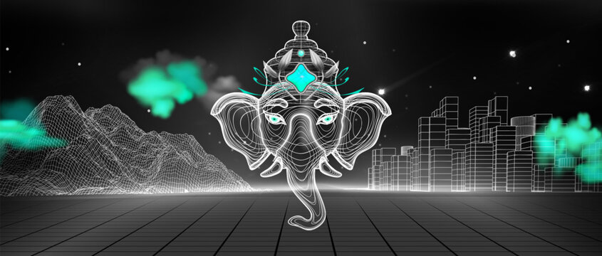 Futuristic cyberpunk banner background with wireframe Ganesha head and neon lotus synthwave landscape digital city skyline grid mountains and perspective retro floor grid
