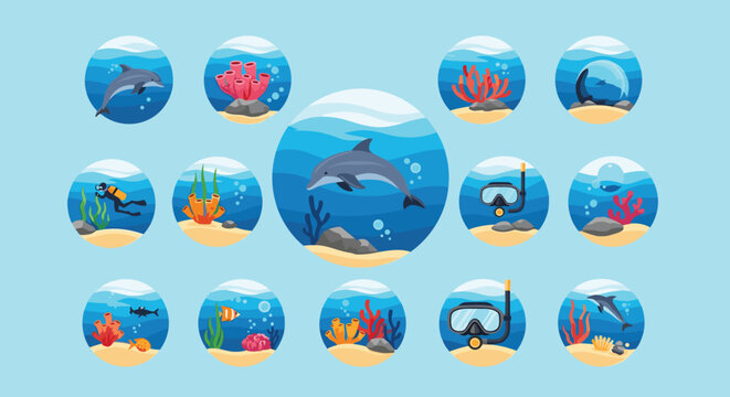 Round underwater themed icons depicting a dolphin, scuba diver, snorkeling mask, vibrant corals, and various marine life creatures.