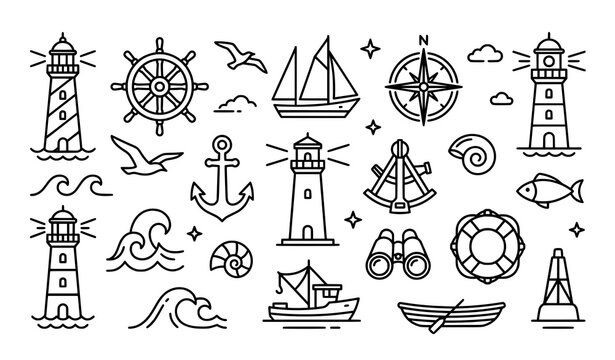 Creative lighthouse outline vector icon set with minimalist nautical symbols