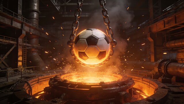 Soccer ball forged in molten metal glowing red hot and suspended by chains in a dark industrial foundry industry creation strength manufacturing production transformation industrial workshop